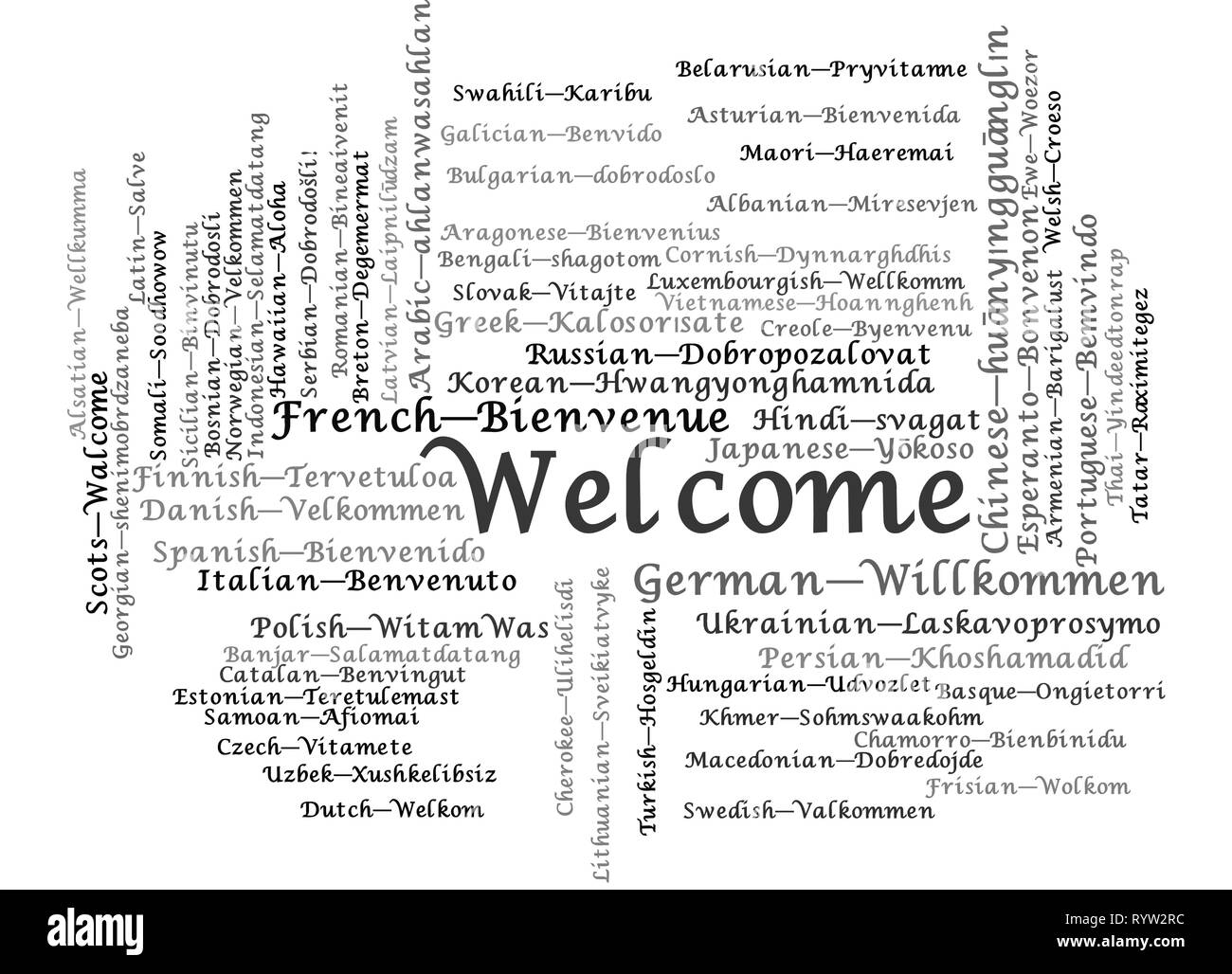 Wort Tag Cloud, zeigt "Willkommen", wie es in vielen Sprachen zu sagen. Es ist die Version mit den Namen der Sprache. Vektor 10 ESP Stock Vektor