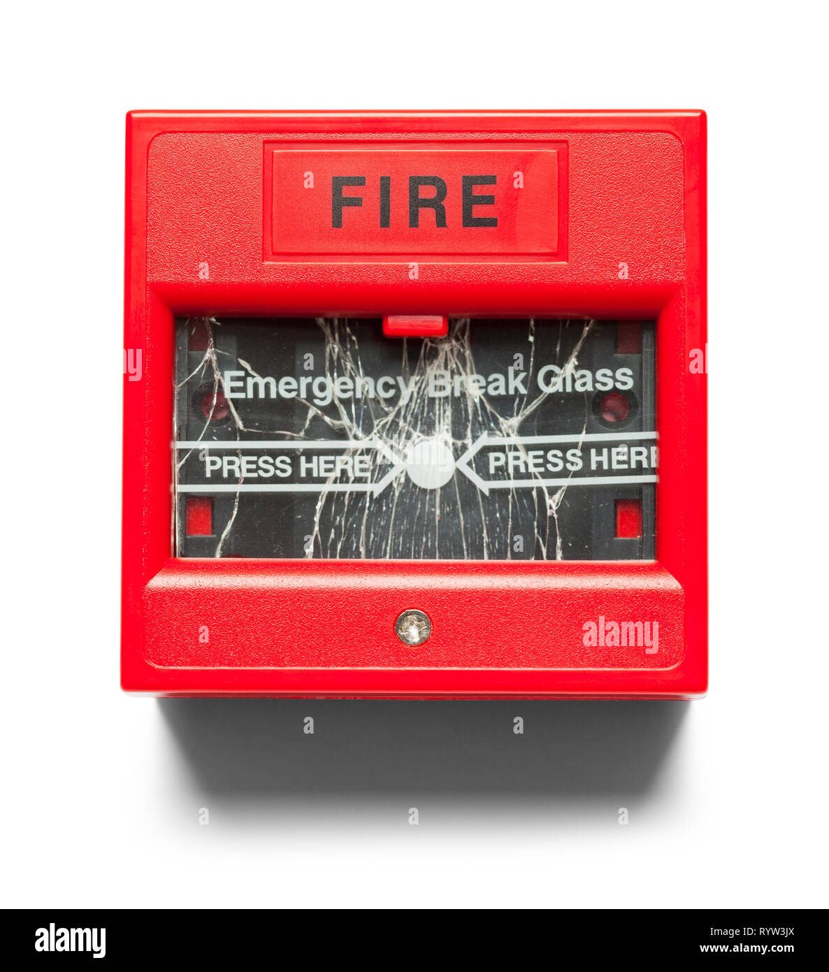 Feueralarm mit zerbrochenen Glas isoliert auf Weiss. Stockfoto