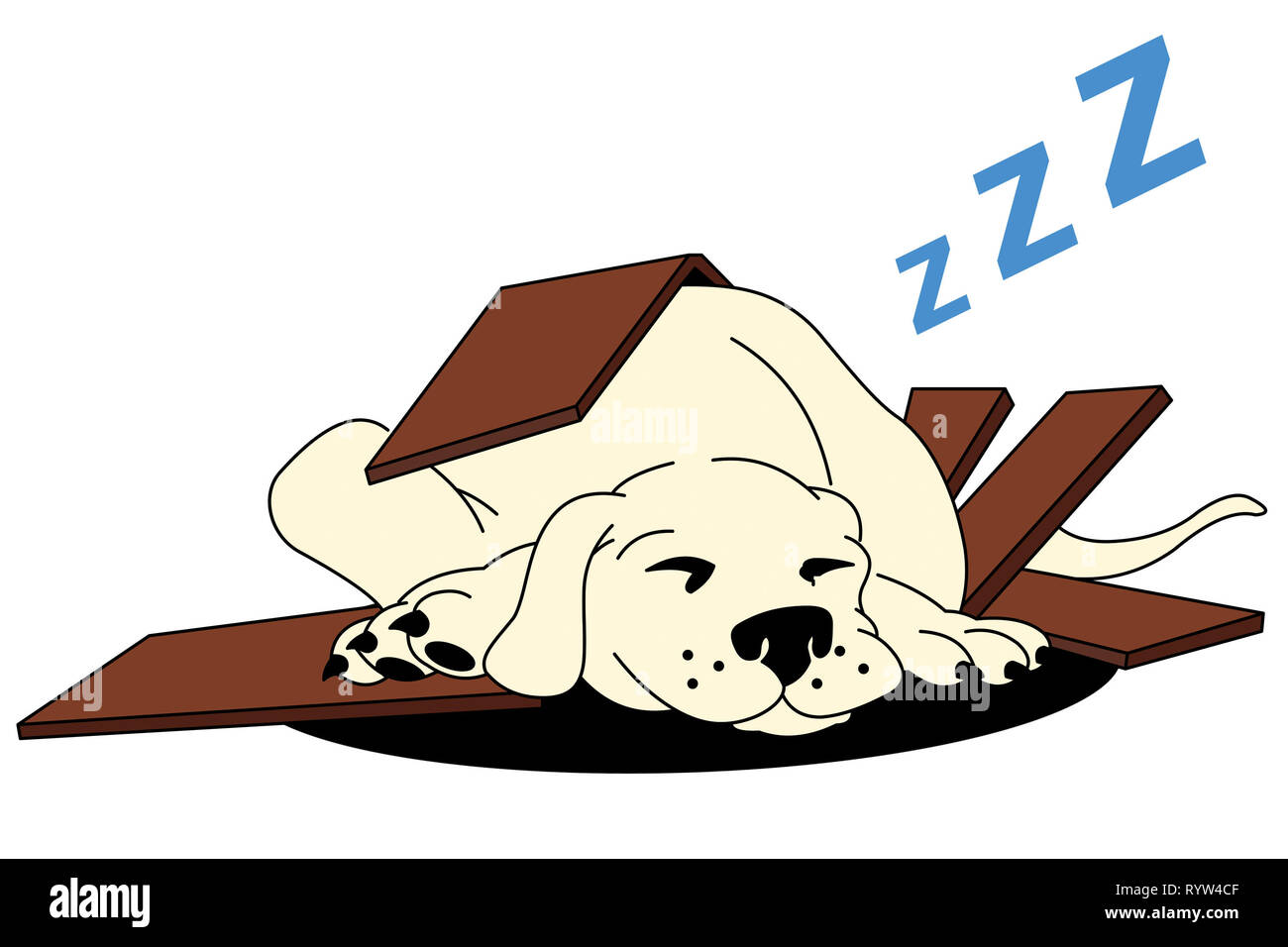 Abbildung: eine niedliche Happy sleeping Puppy auf den Überresten einer gebrochenen Doghouse Stockfoto