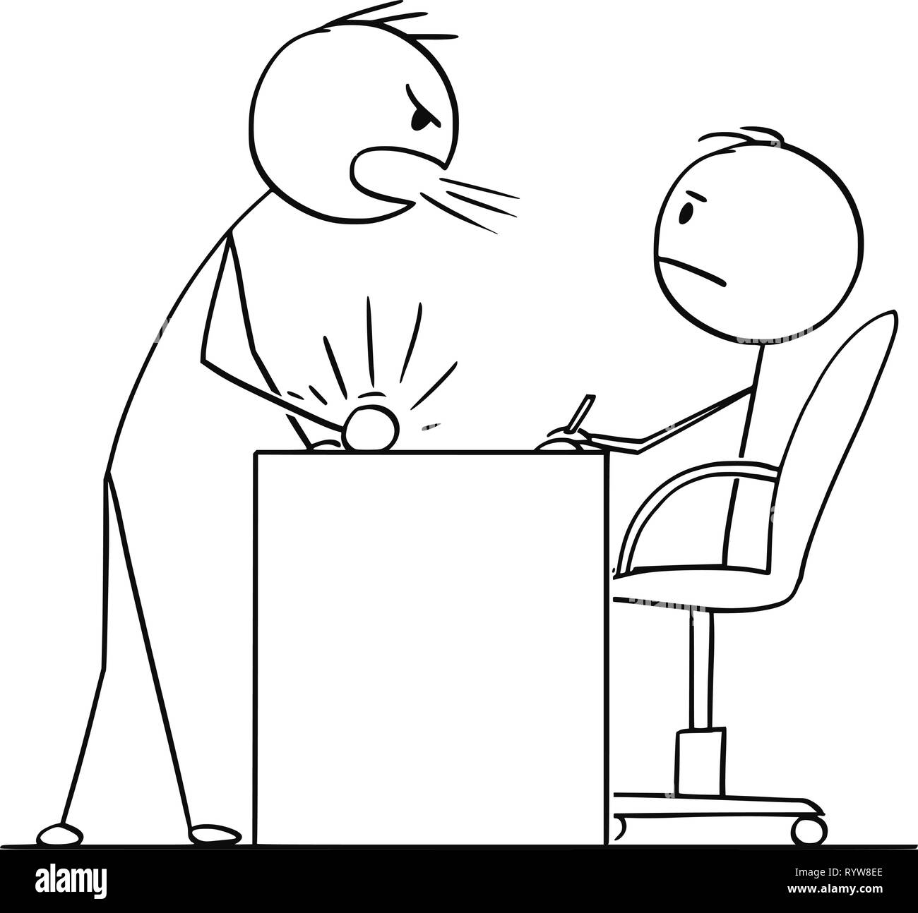Cartoon von Mann oder Geschäftsmann kreischend an Chef oder Angestellte oder Untergeordnete sitzt hinter Tabelle Stock Vektor