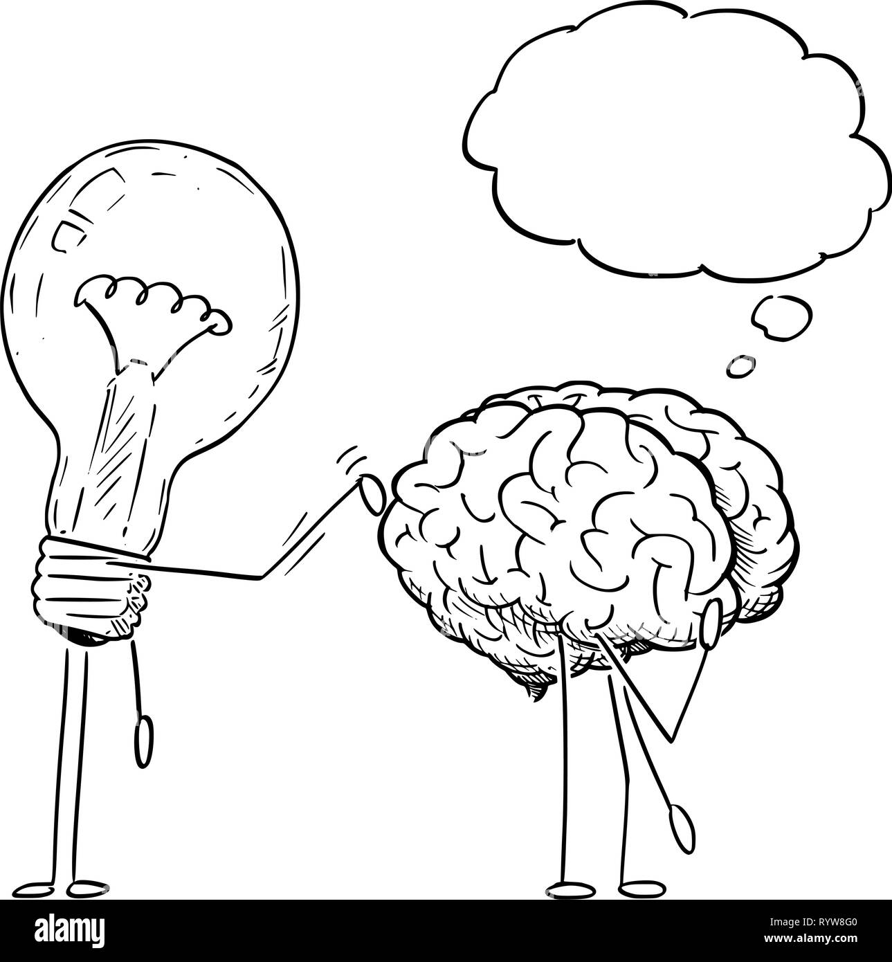 Cartoon Zeichnung der Glühbirne Zeichen mit Klebestreifen auf der Rückseite des Denkens Gehirn Stock Vektor