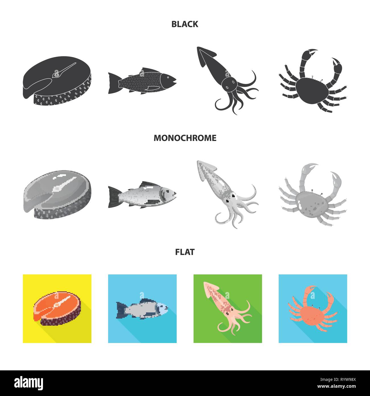 Lachs, Tintenfisch, Krabben, Fisch, Tintenfisch, Shell, Forelle, Tentakel, Tentakeln, Küche, Zartheit, Monster, Rot, Fleisch, Phosphor, Kreatur, Schalentiere, Ätzen, Riese, Strand, Kraken, Wasser, Langusten, frisch, Restaurant, Markt-, Marine-, Lebensmittel-, Meer, Fisch, gesund, Produkt, Ozean, Set, Vector, Icon, Illustration, isoliert, Sammlung, Design, Element, Grafik, Vektor, Vektoren, Stock Vektor
