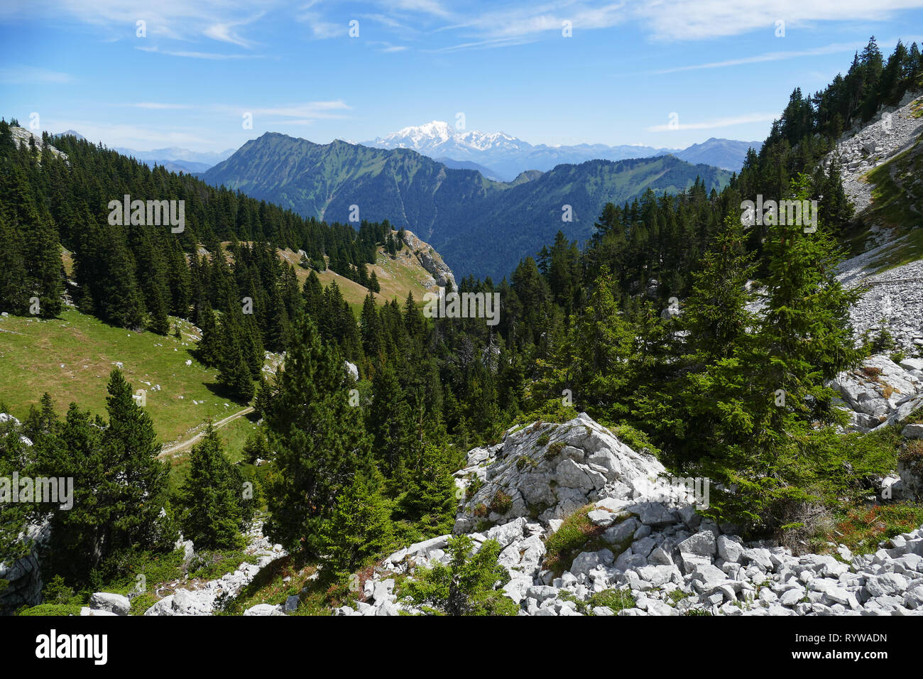 Landschaft des Bauges (Französische Alpen): das Mont Blanc Massiv hinter dem ÒDent de ConsÓ, aus dem Berg gesehen Sambuy Stockfoto