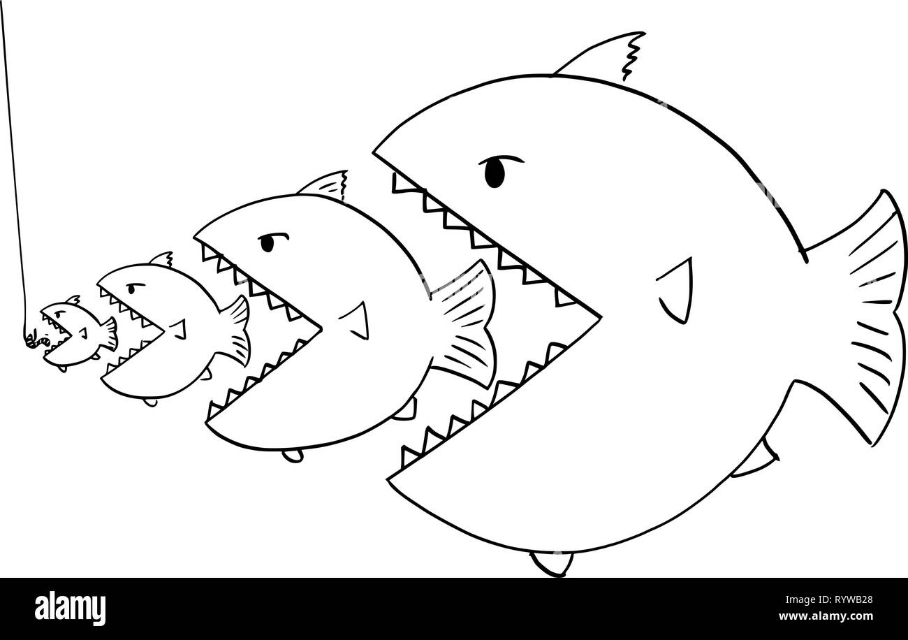 Cartoon Zeichnen der Linie der größere Fische essen kleinere Fische Stock Vektor