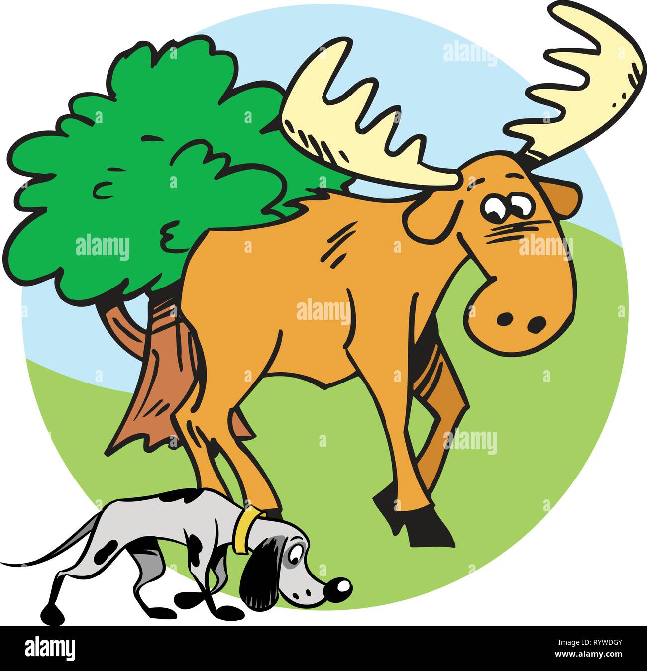 Die Abbildung zeigt die Elche Jagd und Hund. Abbildung im Comic-stil auf separaten Ebenen getan. Stock Vektor