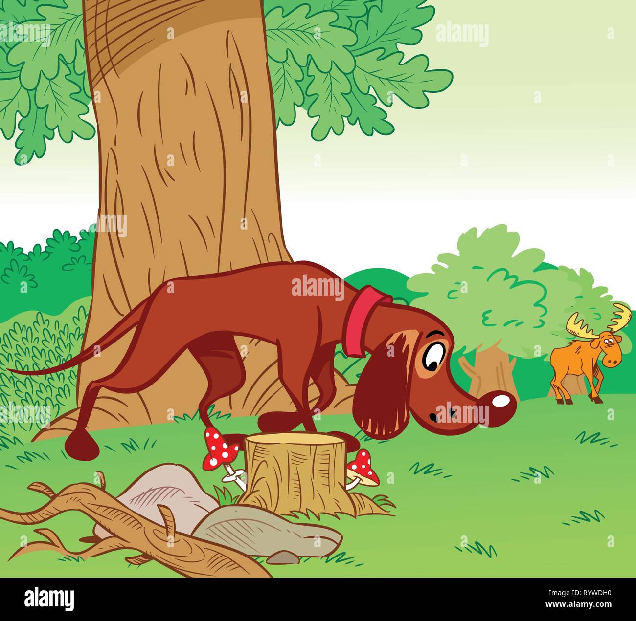 Die Abbildung zeigt, wie ein Jagdhund auf den Spuren von Elchen im Hintergrund den Wald läuft. Abbildung im Comic-stil auf separaten Ebenen getan. Stock Vektor
