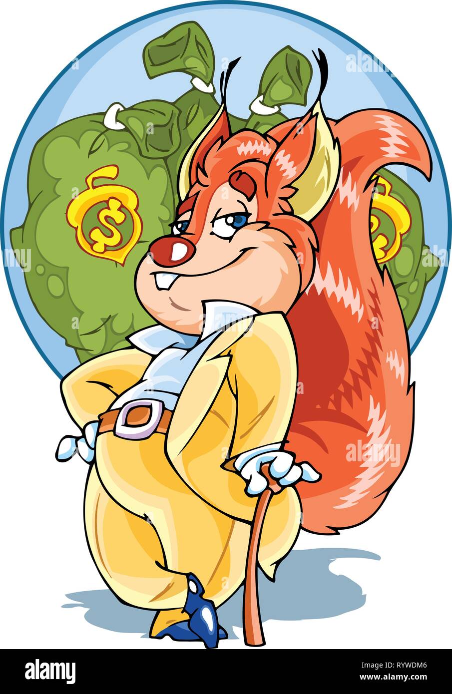 Die Abbildung zeigt das Eichhörnchen in Form von einem Mann in Anzug und mit einem Stock. Beutel mit Geld auf dem Hintergrund Stock Vektor