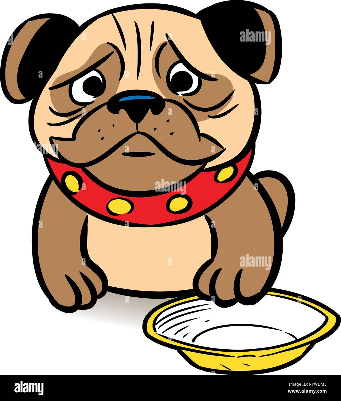 Das Bild zeigt eine traurige Welpen Mops fragt eine Mahlzeit in einer Schüssel. Abbildung ist im Comic-stil präsentiert, auf einem weißen Hintergrund. Stock Vektor