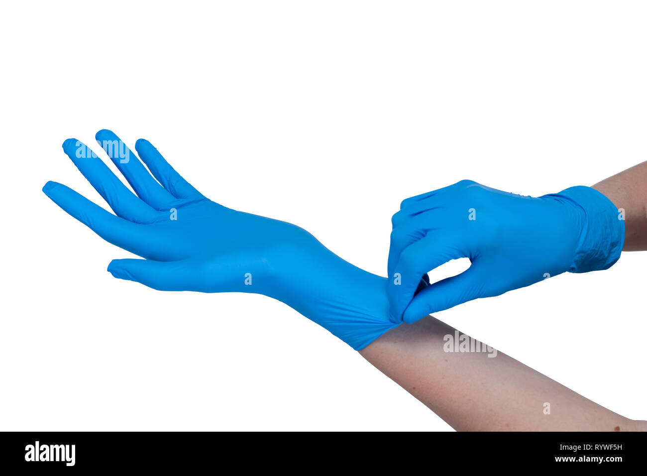 Hände in blau Arzt medizinische Latex Handschuhe auf weißem Hintergrund  Stockfotografie - Alamy