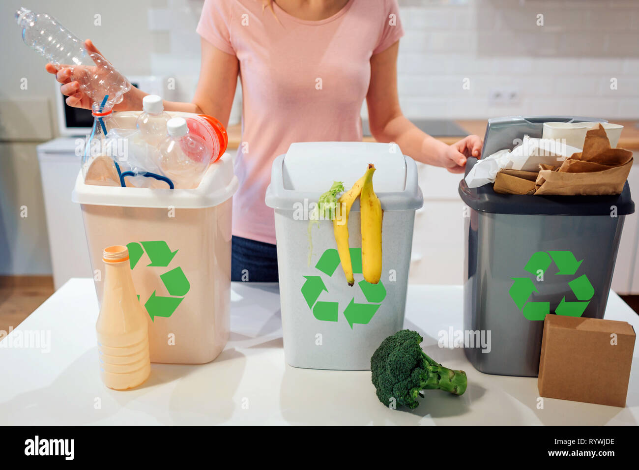 Mulltrennung Zu Hause Recycling Frau Plastik Flasche In Den
