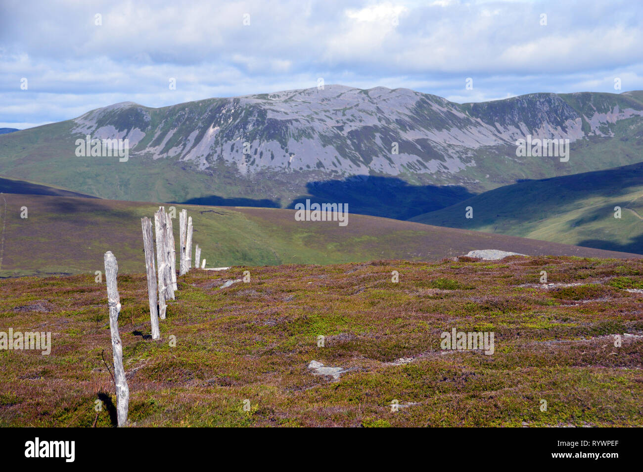 Die Schottischen Berge Munro Creag Leacach vom Gipfel des Corbett Monamenach, Glen Isla, Angus, Cairngorm National Park, Schottland, Großbritannien. Stockfoto