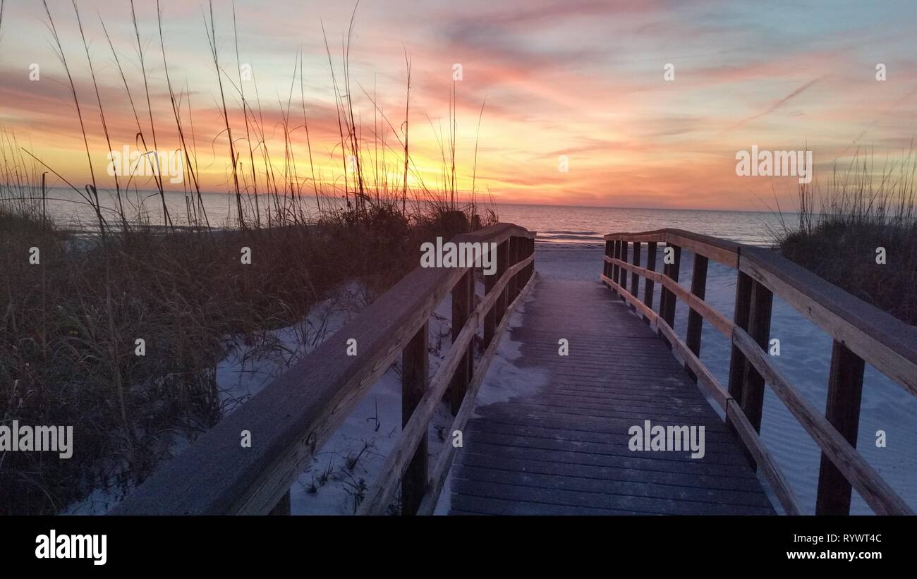 Ein holzsteg an der Küste auf dem westlichen Teil von Florida, Clearwater Beach, die Nr. 1 der Strand in Amerika für 2019 Stockfoto