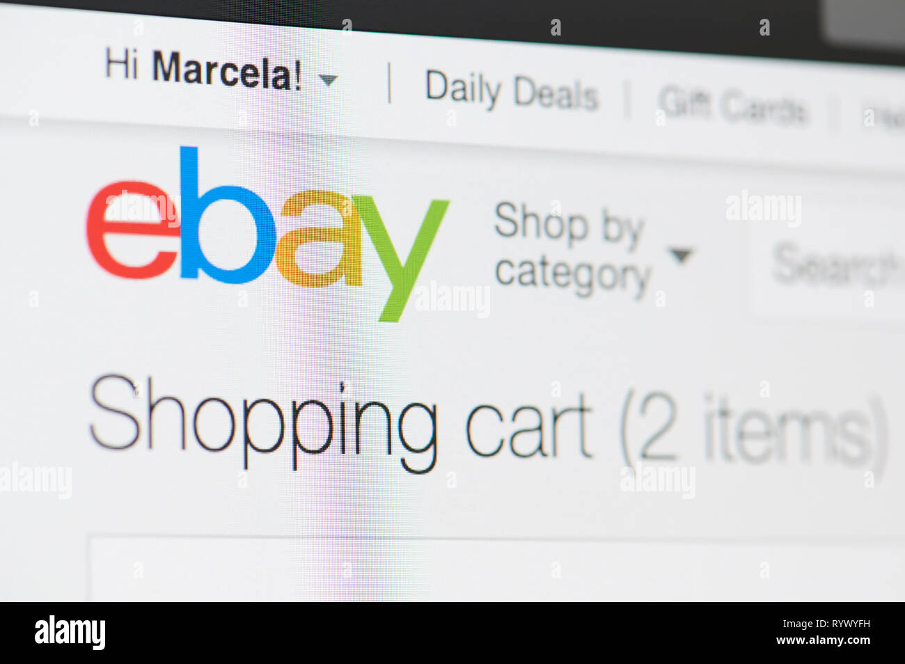 New York, USA - 15. März 2019: Ebay Warenkorb mit Artikeln auf dem Laptop Bildschirm Nähe zu sehen. Stockfoto