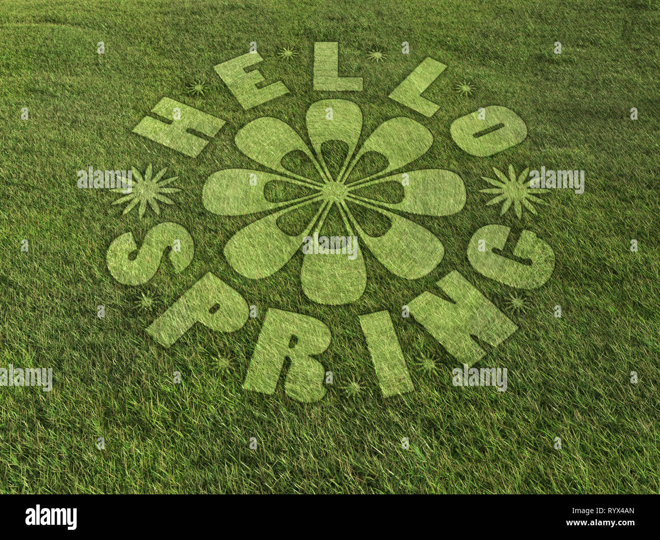 3D-Render von Hallo Frühling Text als Kornkreis in der grünen Wiese gebildet Stockfoto