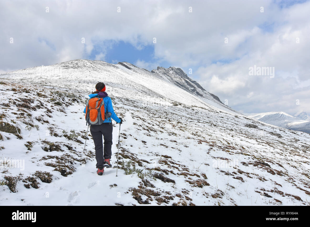 Frau mit Rucksack wandern in verschneite Landschaft am Mount Wilcox in Jasper National Park. Alberta, Kanada. Stockfoto