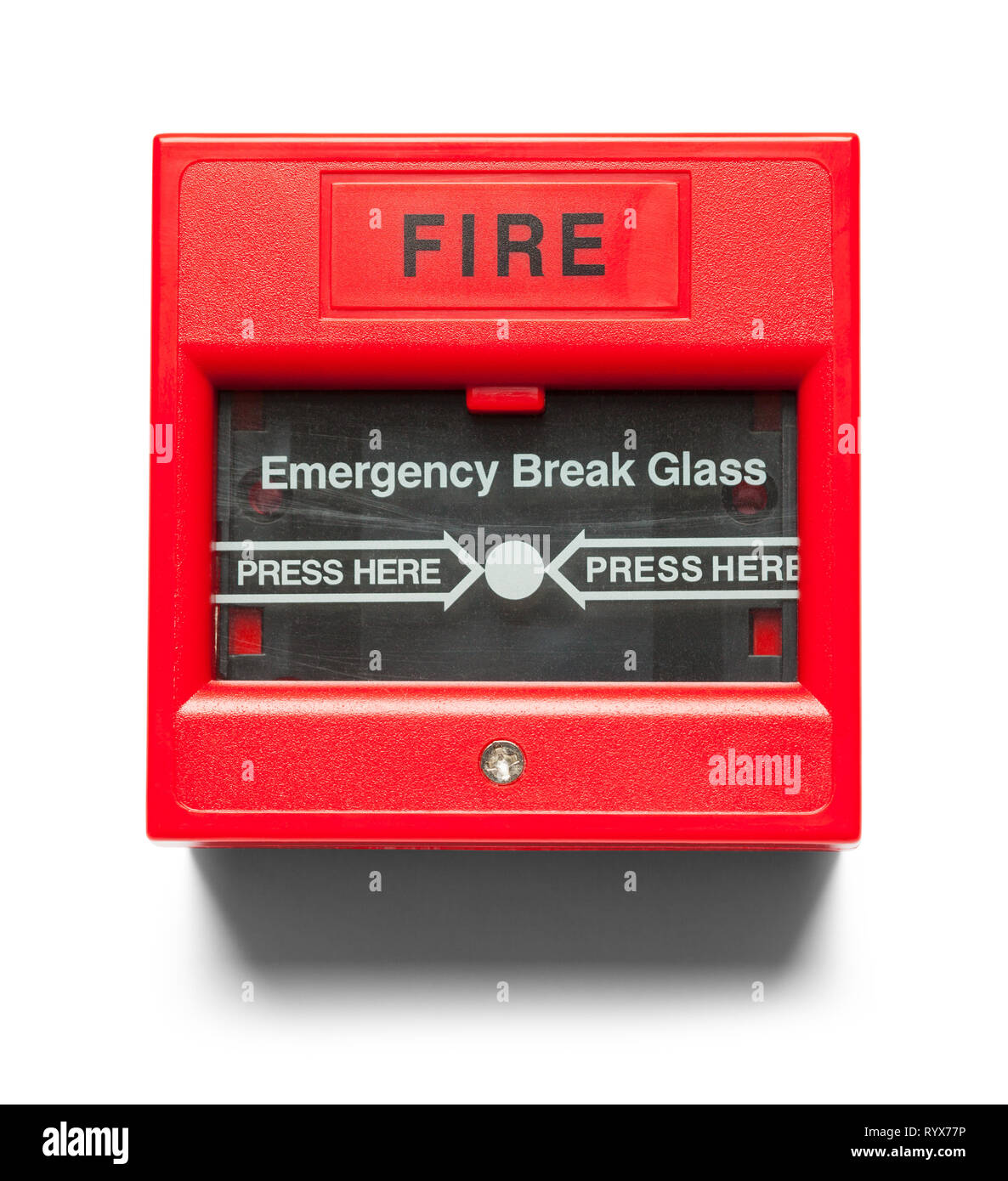 Red Fire Alarm an der Wand isoliert auf Weiss. Stockfoto