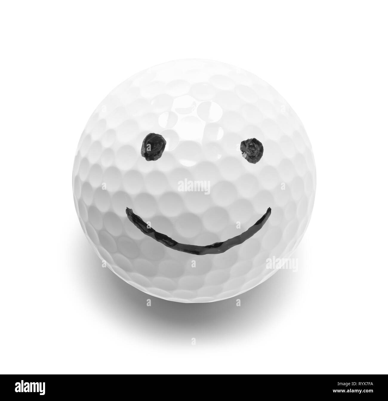 Golf Ball mit Smiley isoliert auf Weiss. Stockfoto