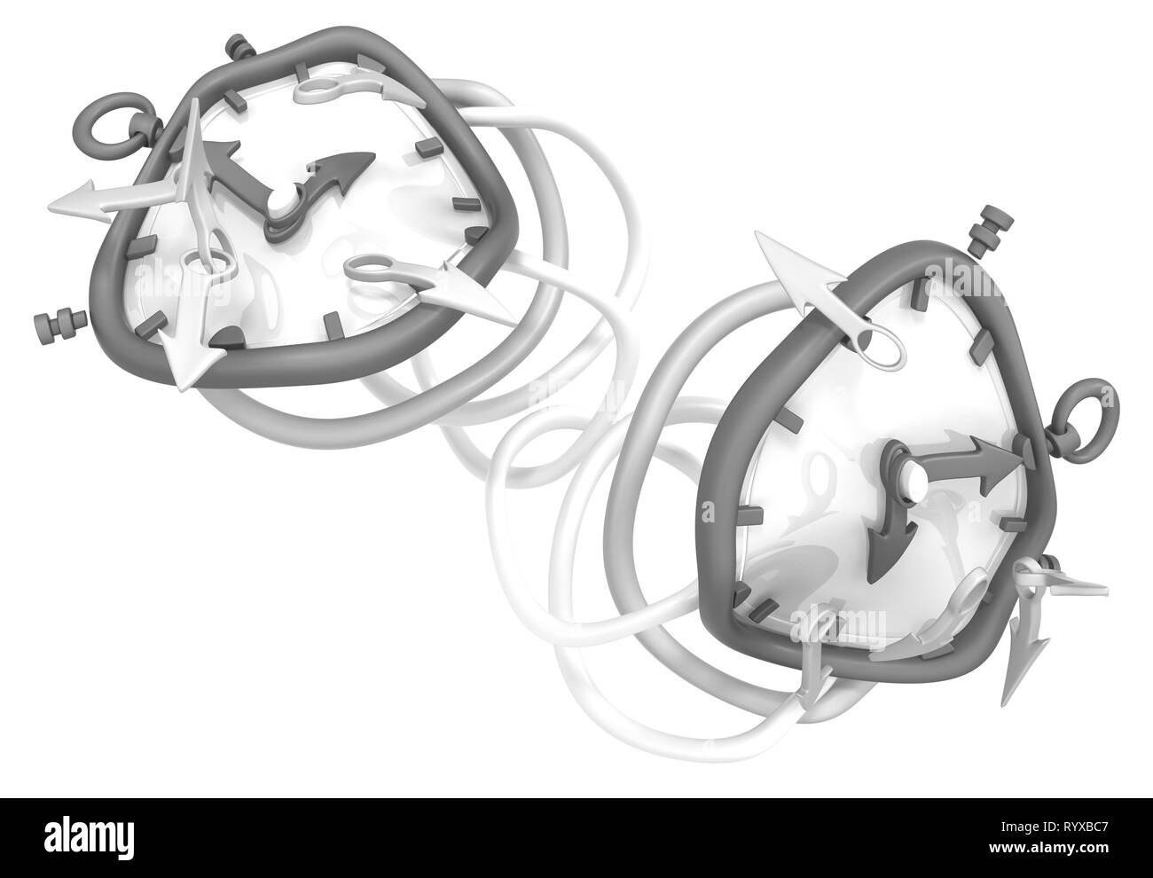 Uhr Weiche flexible Ringe, 3 Abbildung d, horizontal, über Weiß, isoliert Stockfoto