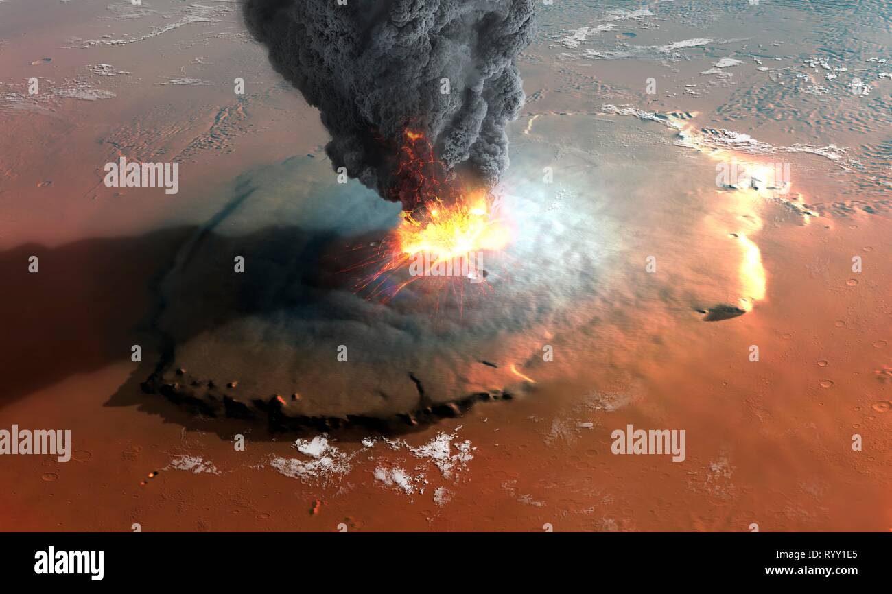 Kunstwerke auf den ausbrechenden Vulkan Olympus Mons auf dem Mars, Anzeigen in den Westen, von der eine ungefähre Höhe von 350 Kilometern. Eis (Wh. Stockfoto