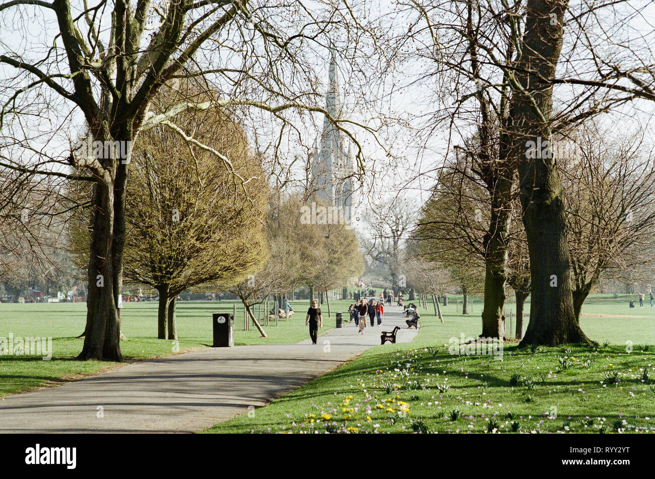Clissold Park, Stoke Newington, London UK, im Frühling, mit Kirchturm in der Ferne Stockfoto