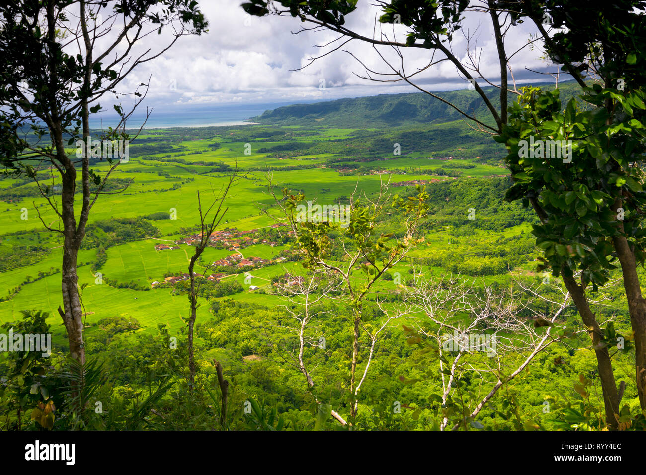 Atemberaubende Landschaft von Ciletuh Tal von Panenjoan Amphitheater gesehen. Weite Landschaft der Reisfelder, Dörfer, Cliff und die Bucht. Stockfoto