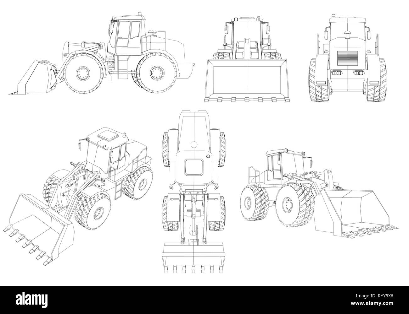 Set mit Konturen der Bulldozer. 3D. Schwarze Linie Bulldozer auf weißem Hintergrund. Bulldozer aus verschiedenen Blickwinkeln. Vector Illustration Stock Vektor