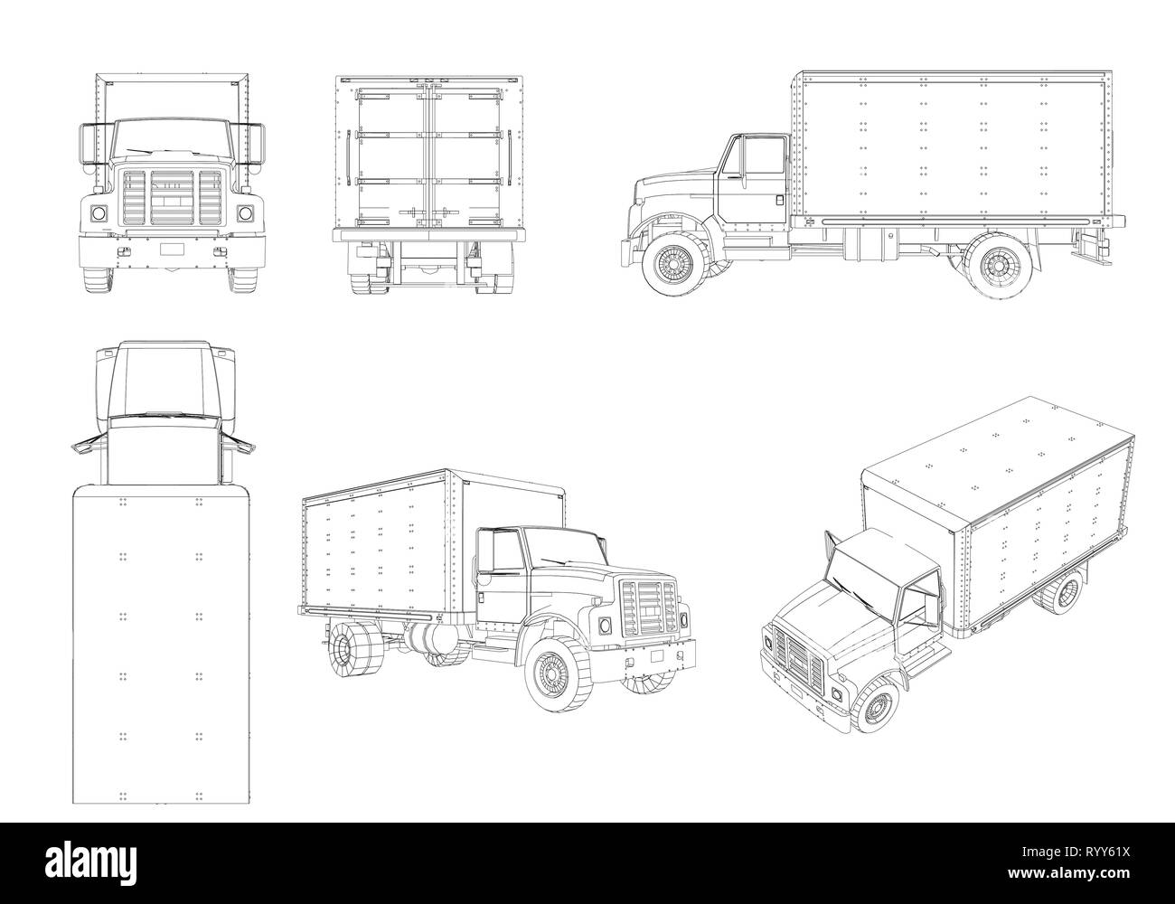 Set mit den Konturen des Staplers. Die Konturen des Lkw aus verschiedenen Blickwinkeln. 3D. Vector Illustration Stock Vektor