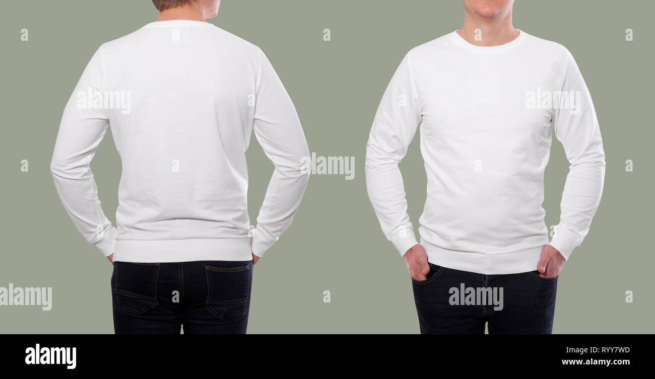 Junge Mann in Weiß Sweatshirt, weiße Hoodies vorne und hinten auf weißem Hintergrund. Mock up Stockfoto