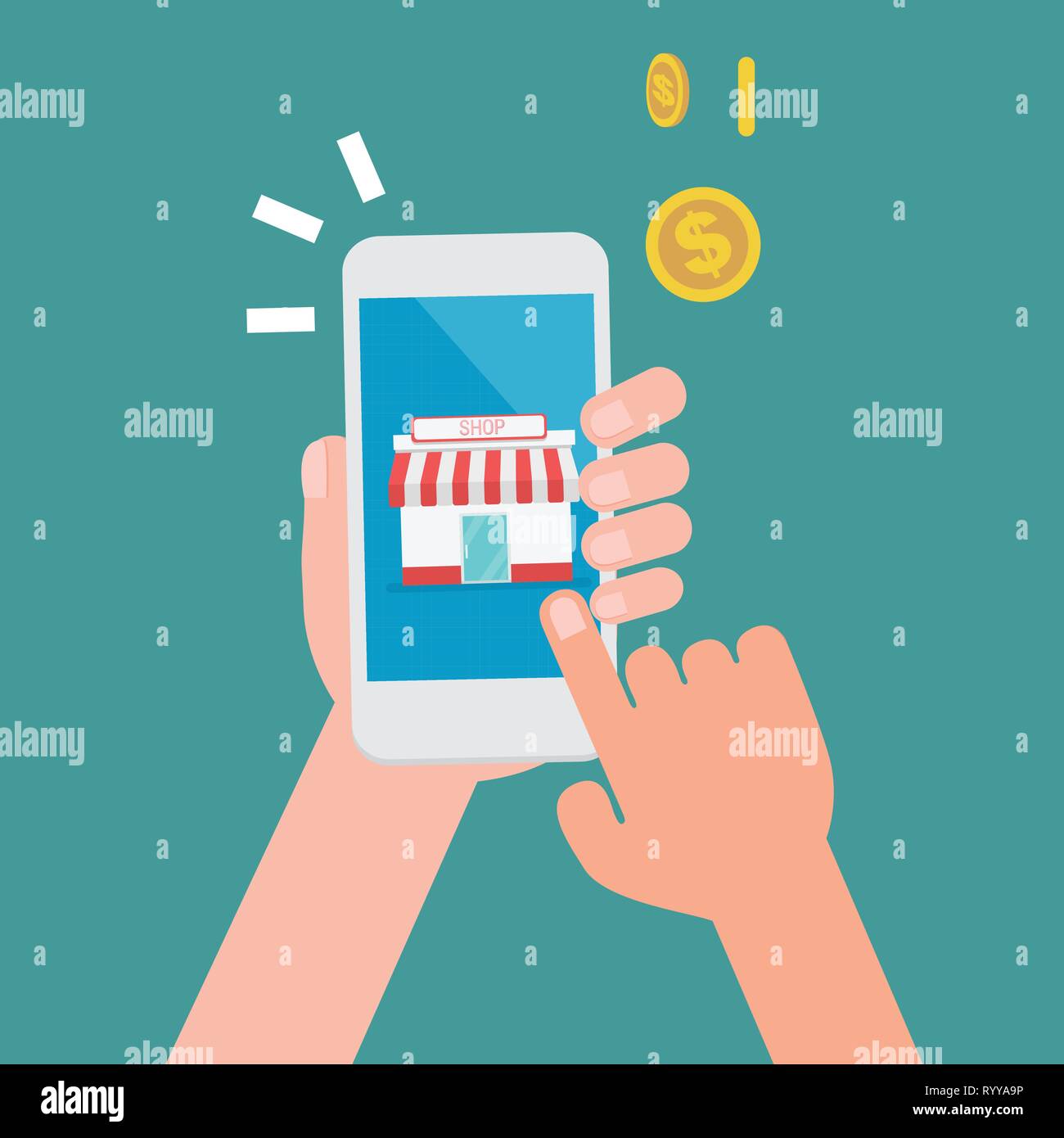 Hände klicken Sie auf das Bild. Symbol auf dem Smartphone mit Pop-up-dollar Münzen Vector Illustration. Mobile Online Business shopping Konzept Stock Vektor