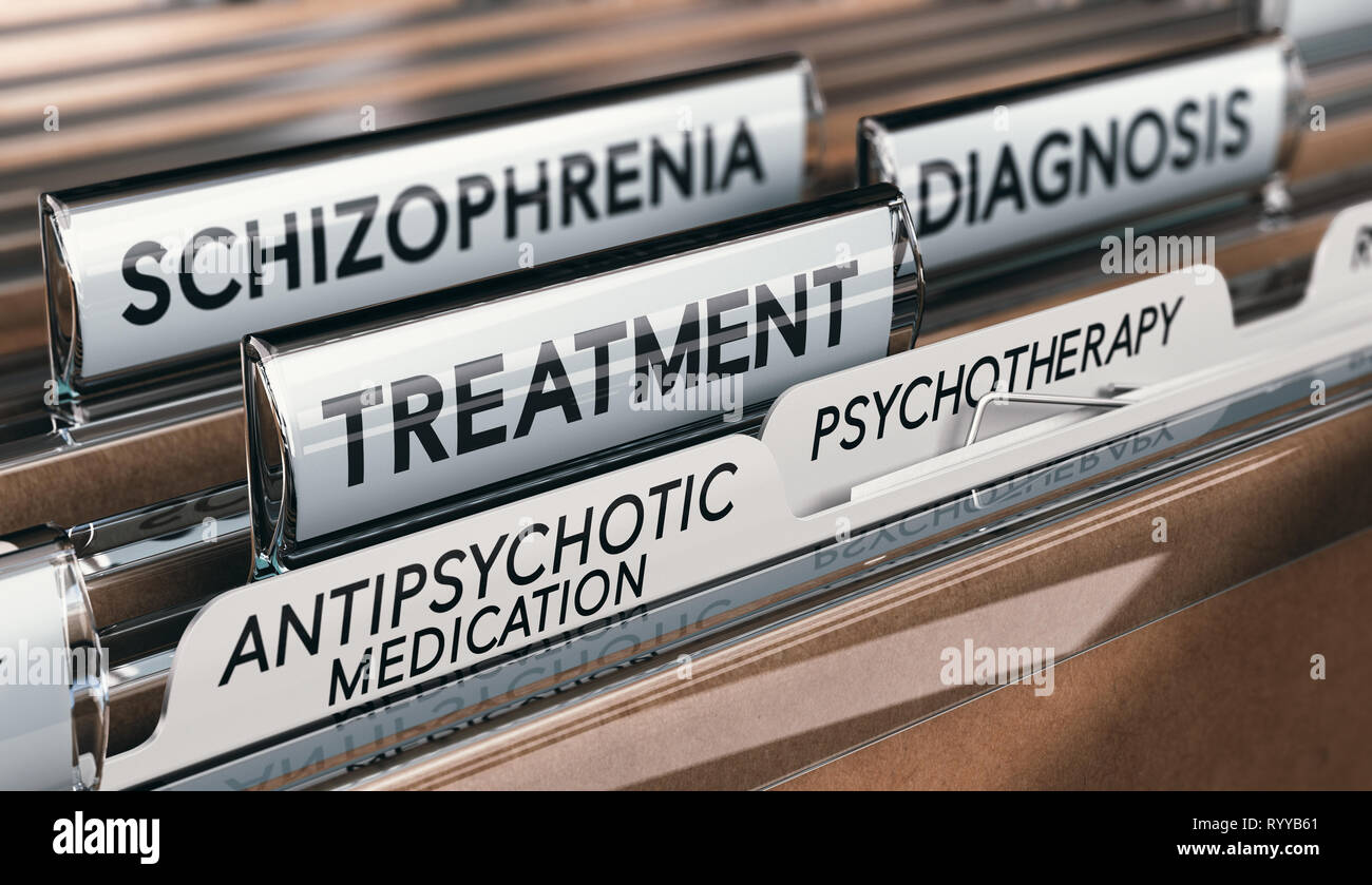 3D-Darstellung der Dateien mit Schizophrenie Diagnose und Behandlung mit antipsychotischen Medikamente und Psychotherapie. Psychische Gesundheit Bedingungen Konzept. Stockfoto