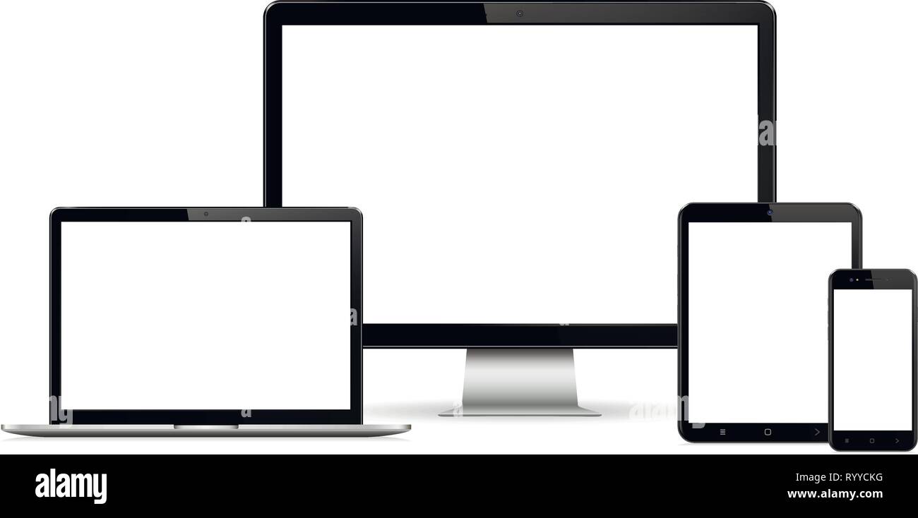 Moderne Computer Monitor, Laptop, Tablet-PC und Handy mit leeren Bildschirm. Auf weissem Hintergrund. Vector Illustration. Stock Vektor