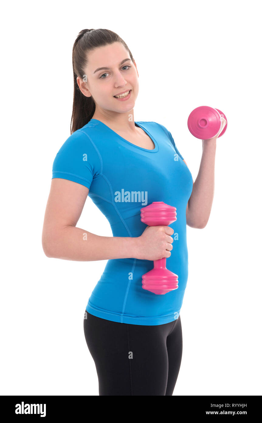 Fitness Bilder. Mädchen trainieren Holding stumme Glocke auf weißem Hintergrund Stockfoto