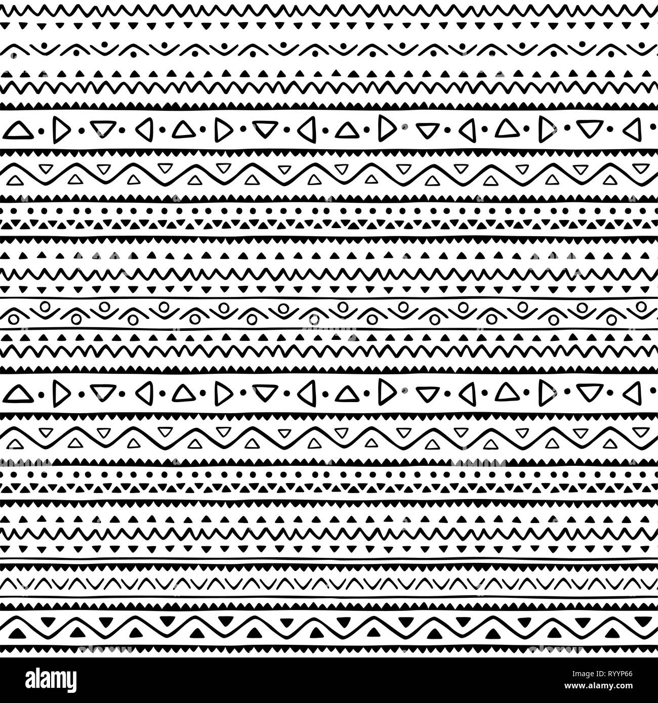 Geometrische abstrakte nahtlose Muster, moderne Hand gezeichneten Stil ethnischen in Schwarz und Weiß inspiriert Stock Vektor