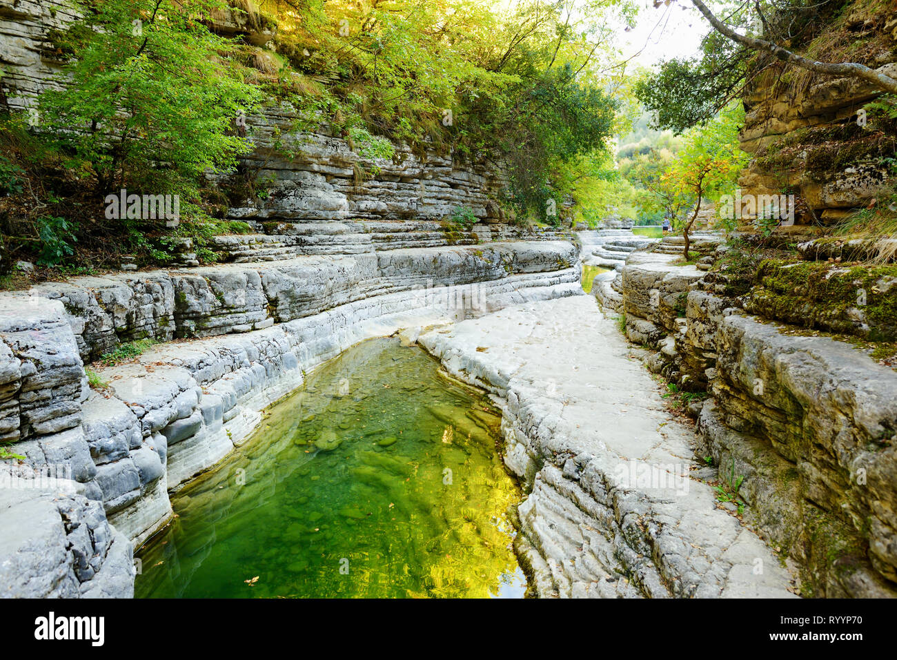 Papingo Rock Pools, auch Ovires, natürlichen, grünen Wasser Pools in kleinen Glattwandigen Schlucht in der Nähe des Dorfes Papingo in Zagoria Region genannt, E Stockfoto