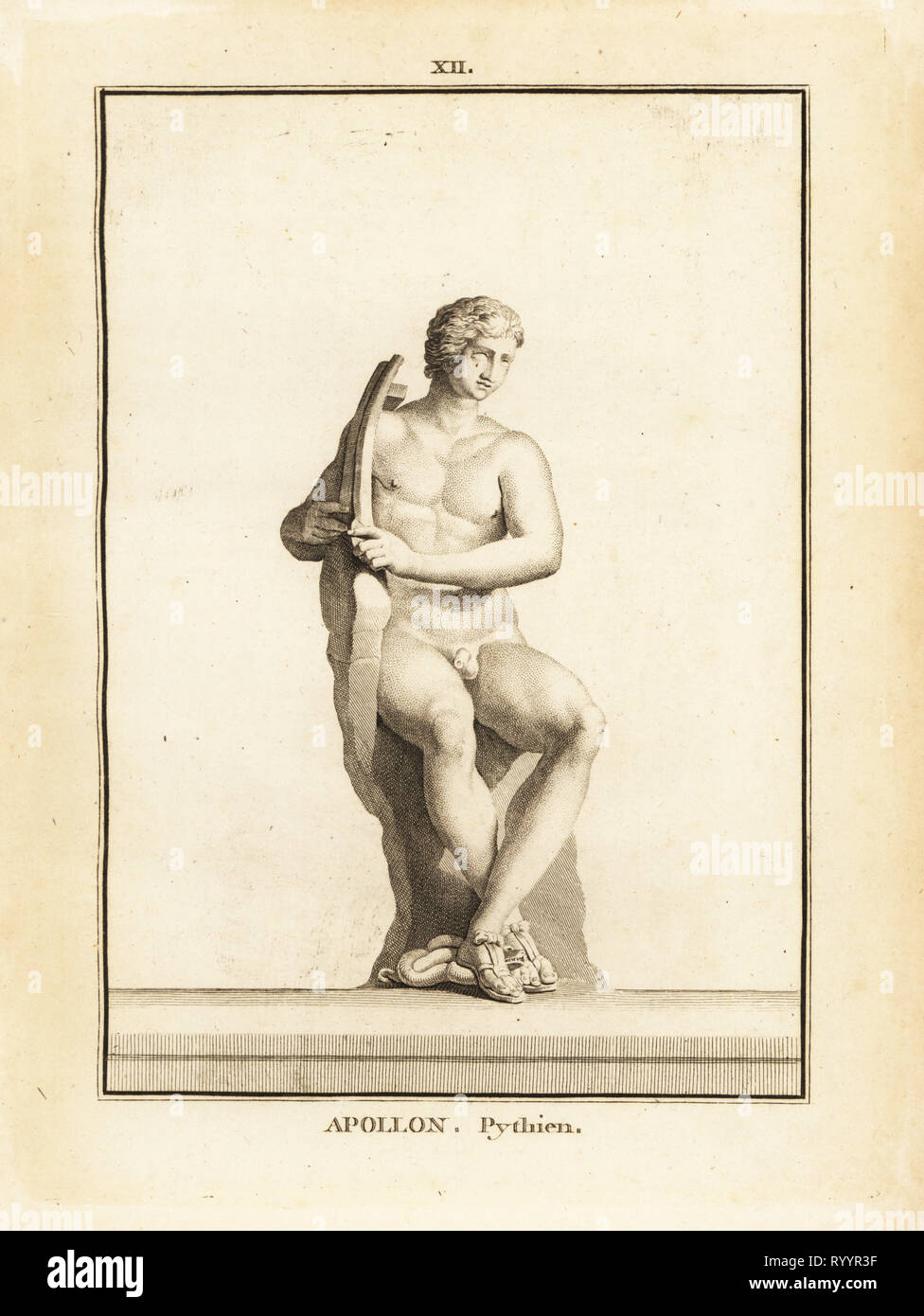 Statue des Pythischen Apollo, des Schutzpatrons von Delphi, mit Lyra. Kupferstich von Francois-Anne David von Museum de Florenz, ou Sammlung des Pierres Gravees, Statuen, Medailles, Chez F.A. David, Paris, 1787. David (1741-1824) lenkte und graviert die Illustrationen auf römischen Statuen, gravierte Steine und Medaillen in der Sammlung des Museum de Florenz und das Kabinett der Kuriositäten der Großherzog der Toskana. Stockfoto
