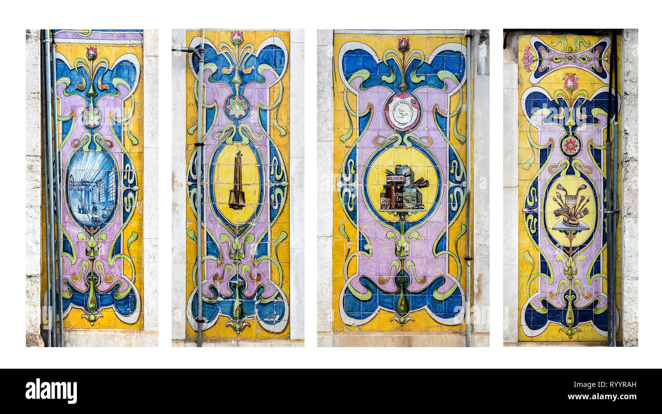 Das zusammengesetzte Bild von vier herrlichen Kacheln an den Wänden zwischen den Eingangstüren des Geschäftshauses in der Innenstadt von der alten Stadt Lissabon Stockfoto