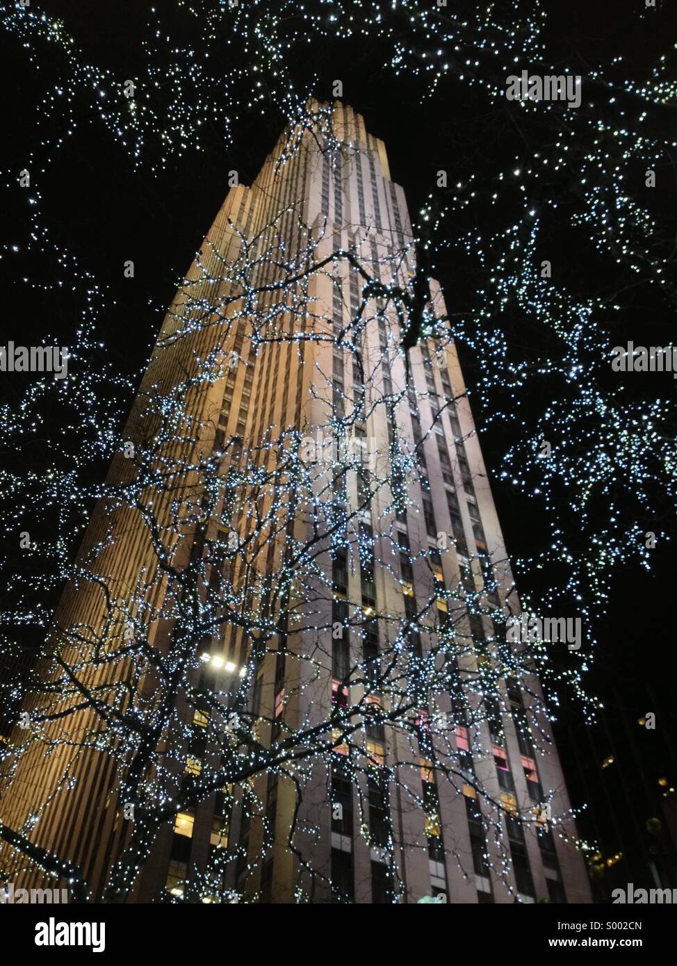 30 Rockefeller Plaza Building durch Weihnachtsbäume Stockfoto