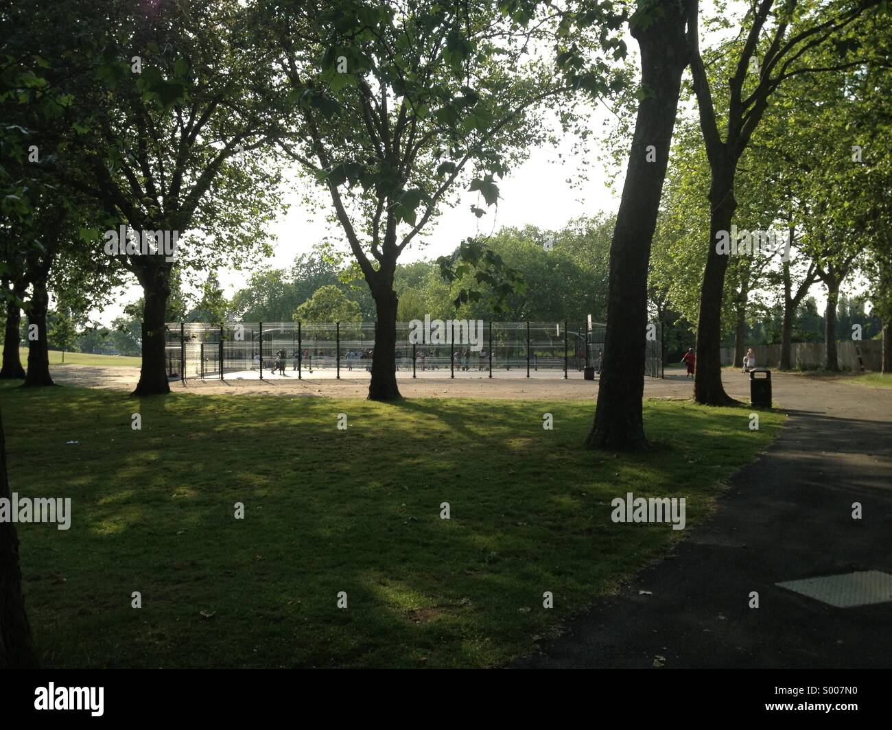 Basketball-Platz durch die Bäume in Rundholz Park London NW10 Stockfoto