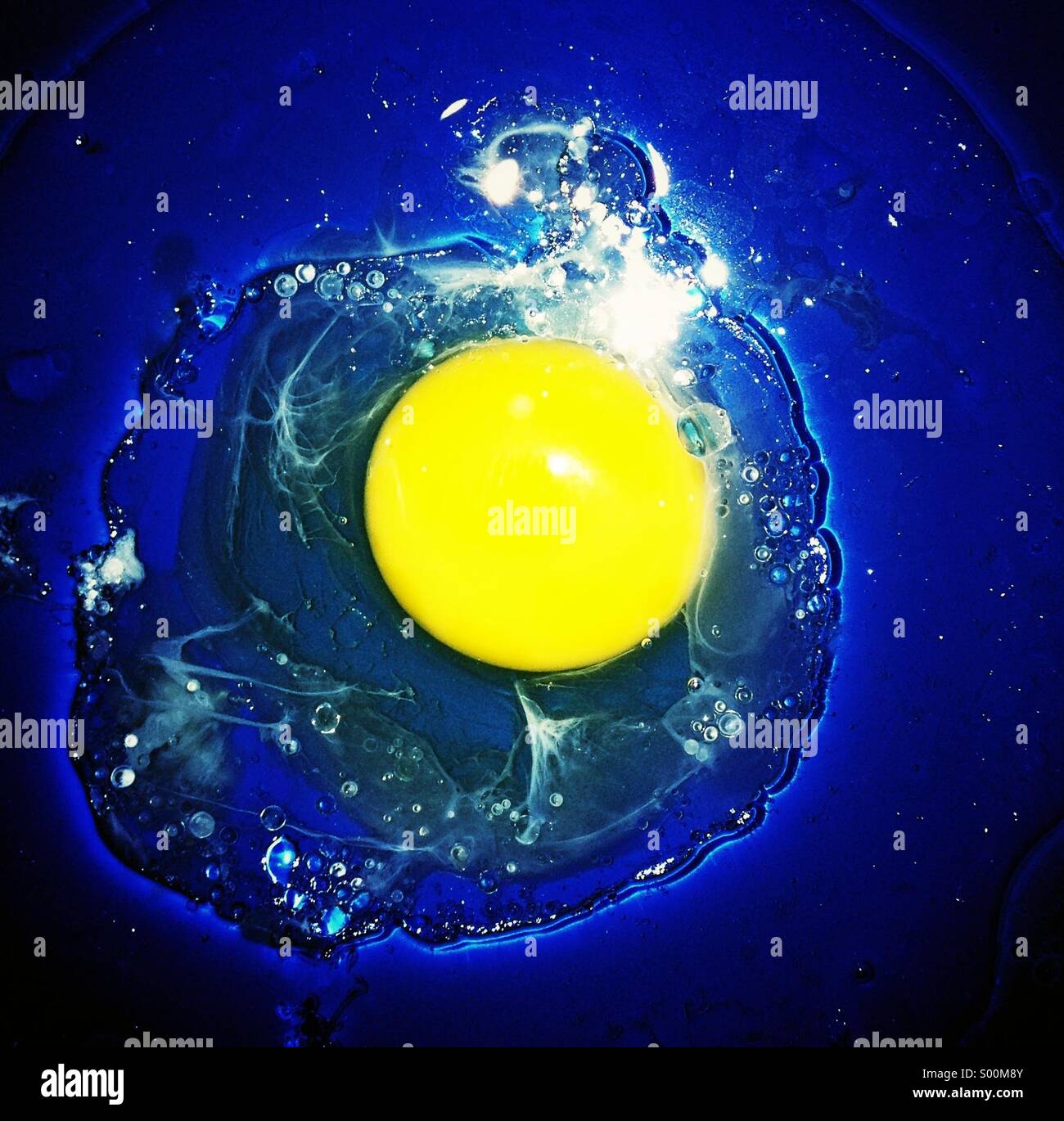 Gebrochene Ei in blau Schüssel. - Smartphone-aufgenommenes Stockfoto