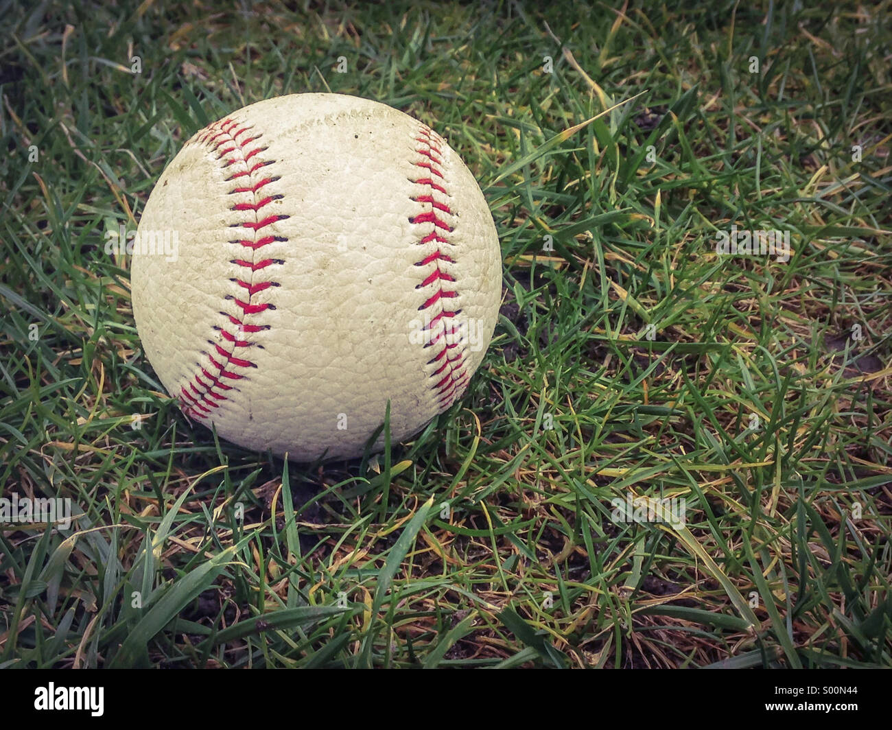 Baseball auf dem Rasen. Vintage-Stil Bild. Stockfoto