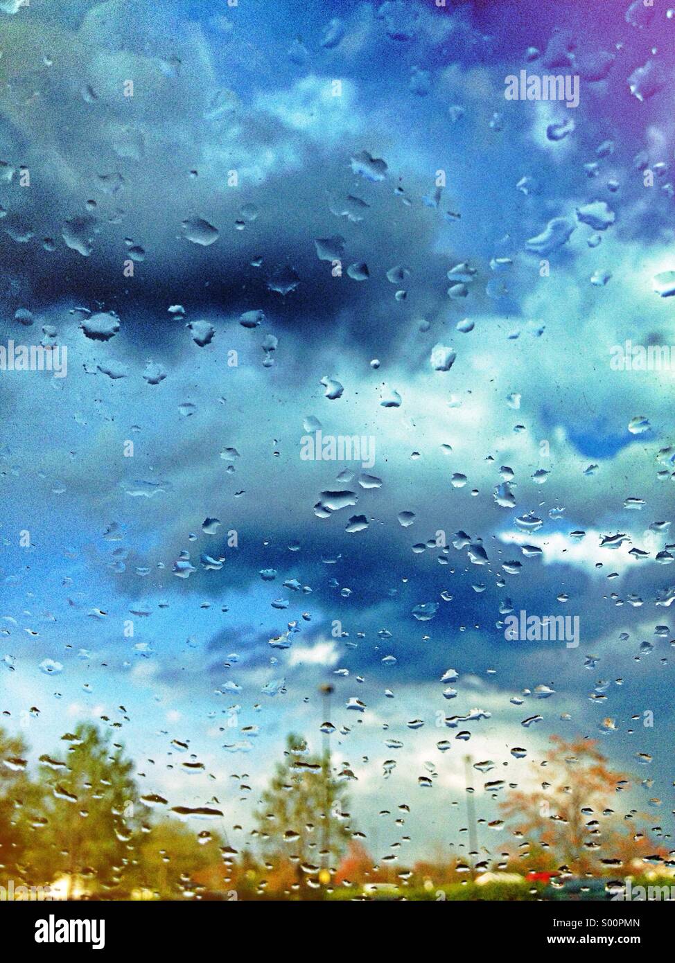 Regnerisch, blauer Himmel und Bäume durch nasse Fenster gesehen Stockfoto