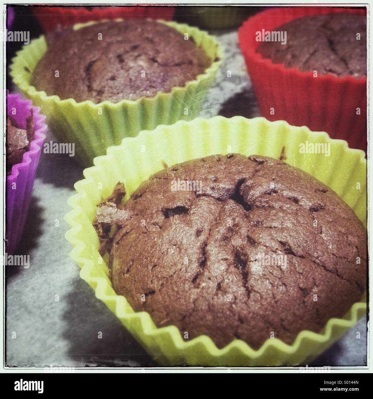 Hausgemachte Gluten freie Schokoladen-Muffins in bunten Silikonhülle Stockfoto