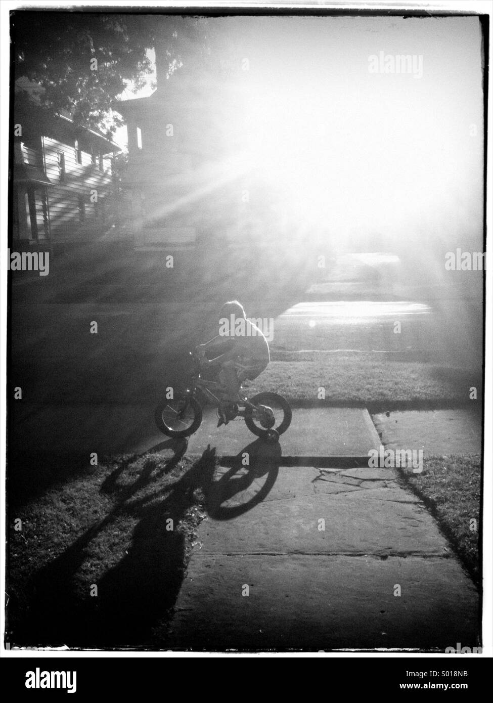 Junge auf Dreirad mit Sonne Flare. Stockfoto