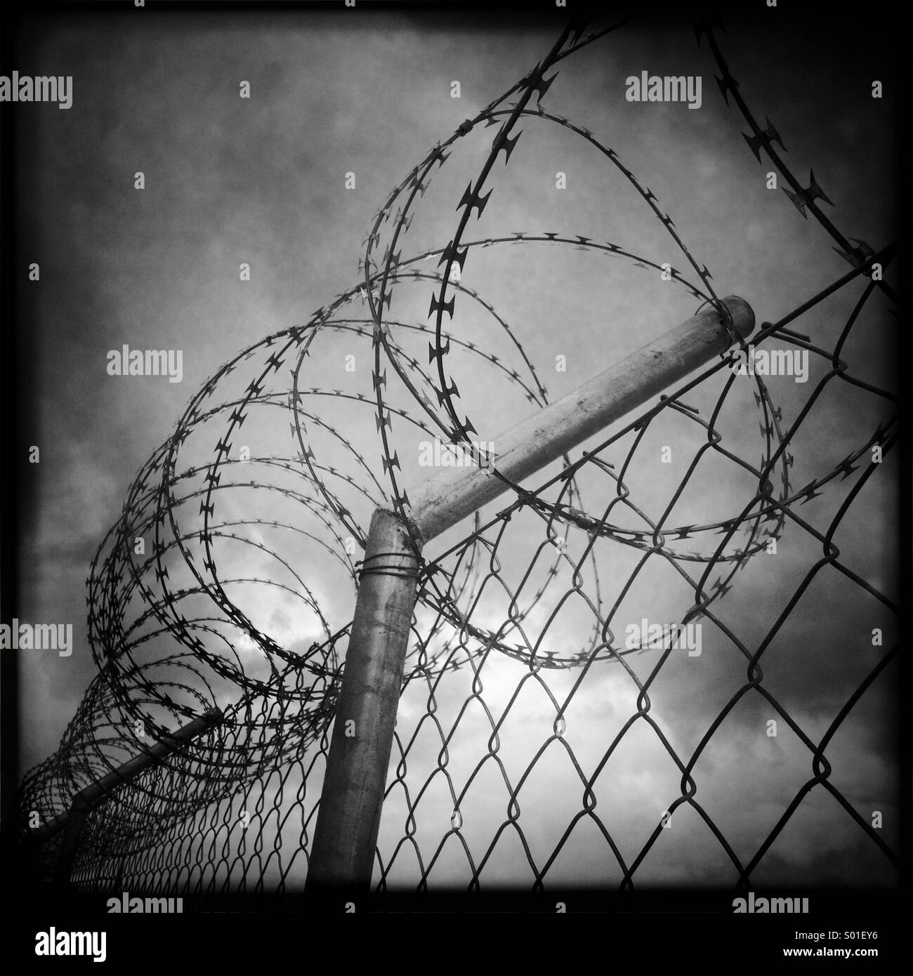 Schwarz / weiß Foto aus einem Gefängnis Zaun mit Stacheldraht Stockfoto