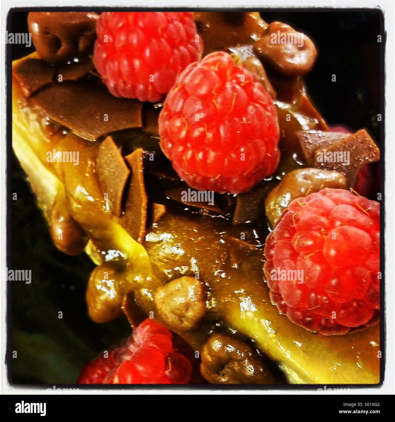 Nahaufnahme von Himbeer Schokoladen-Karamell-Käsekuchen Stockfoto