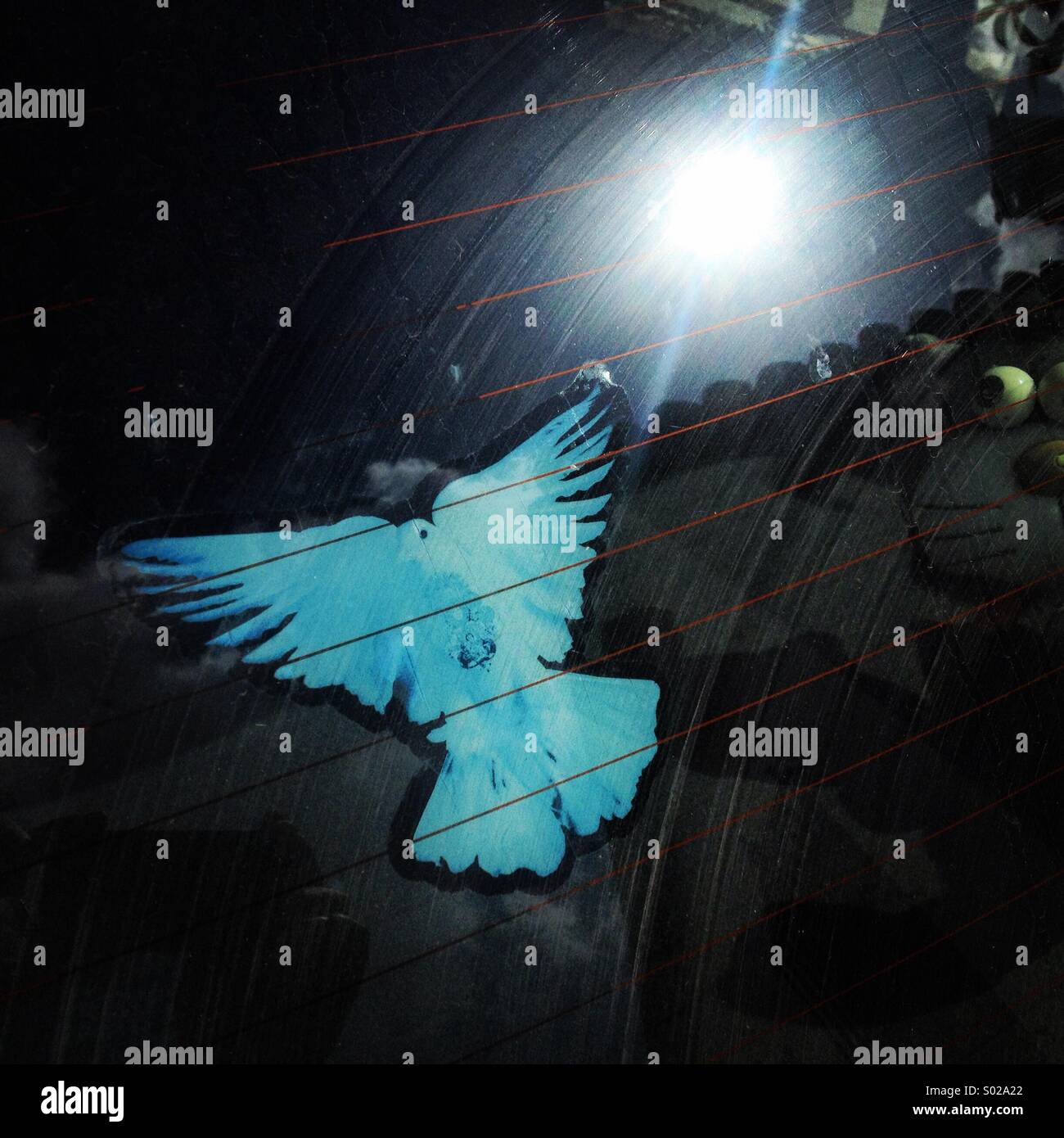 Ein Aufkleber von einer weißen Taube fliegen schmückt ein Autofenster mit der Spiegelung der Sonne im Villaluenga del Rosario, Parque Natural Sierra de Grazalema, die Sierra de Cadiz, Andalusien, Spanien Stockfoto