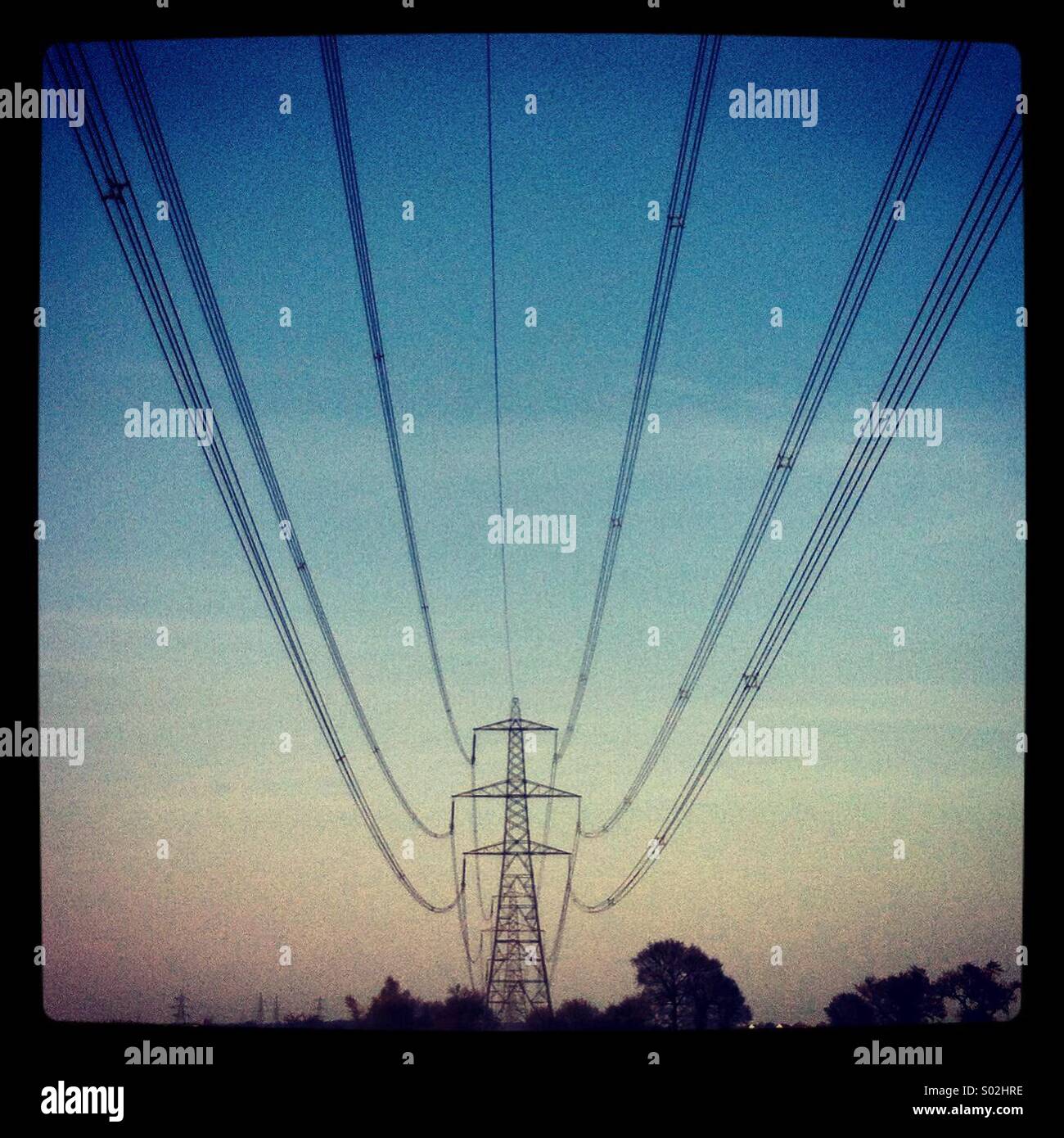 Stromleitungen führt zu einem Pylon in einem Feld in Essex. Stockfoto