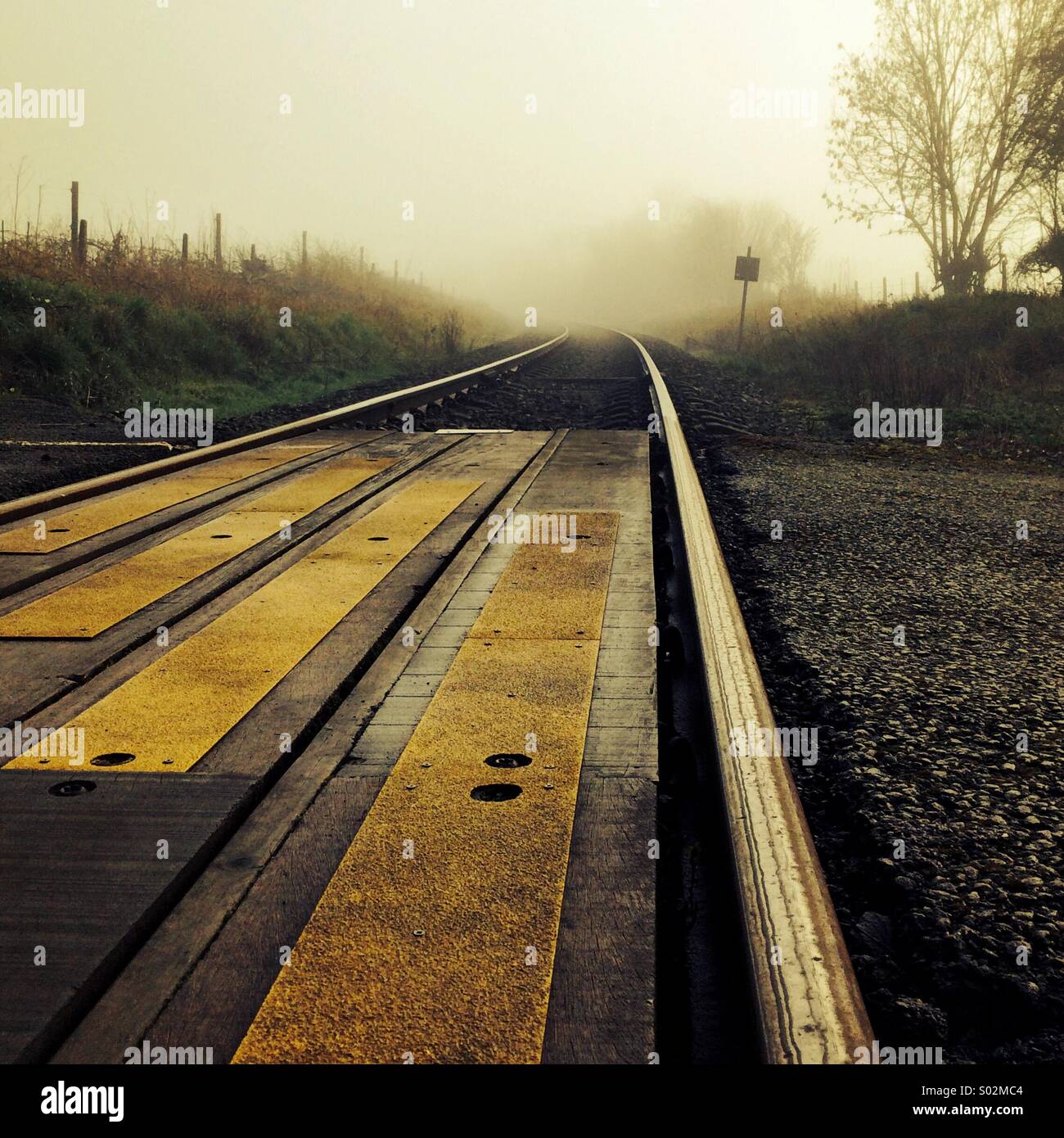 Gleisanlagen im Nebel Stockfoto