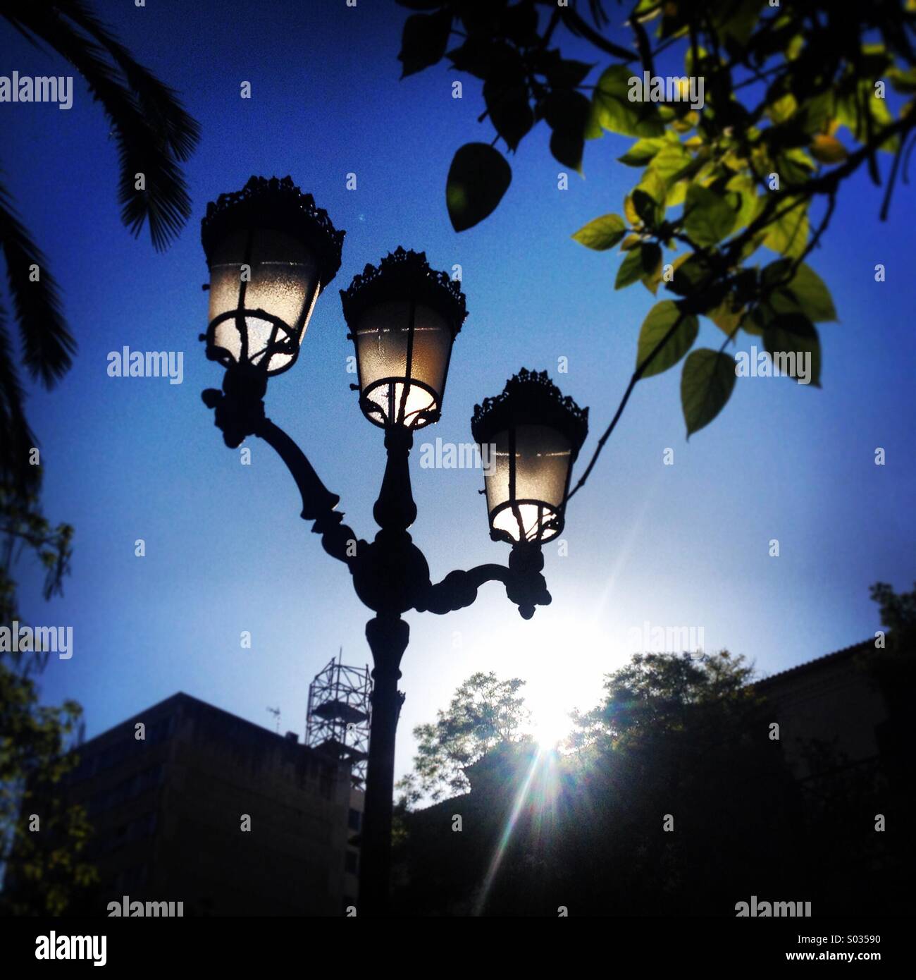 Drei Laternen beleuchtet durch Sonnenlicht in einem Park in Cáceres, Extremadura, Spanien Stockfoto