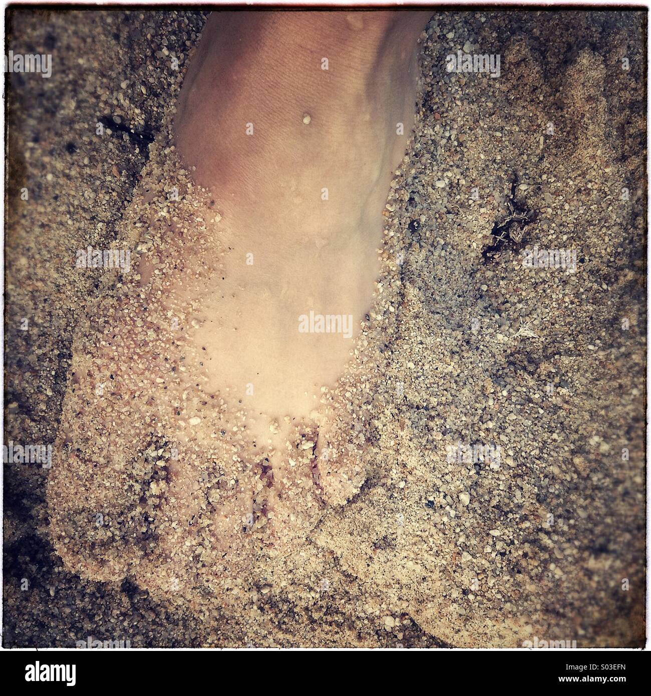 Fuß auf einem weißen Sandstrand. Weibliche sandigen Zehen am Strand. - Smartphone-aufgenommenes Stockfoto